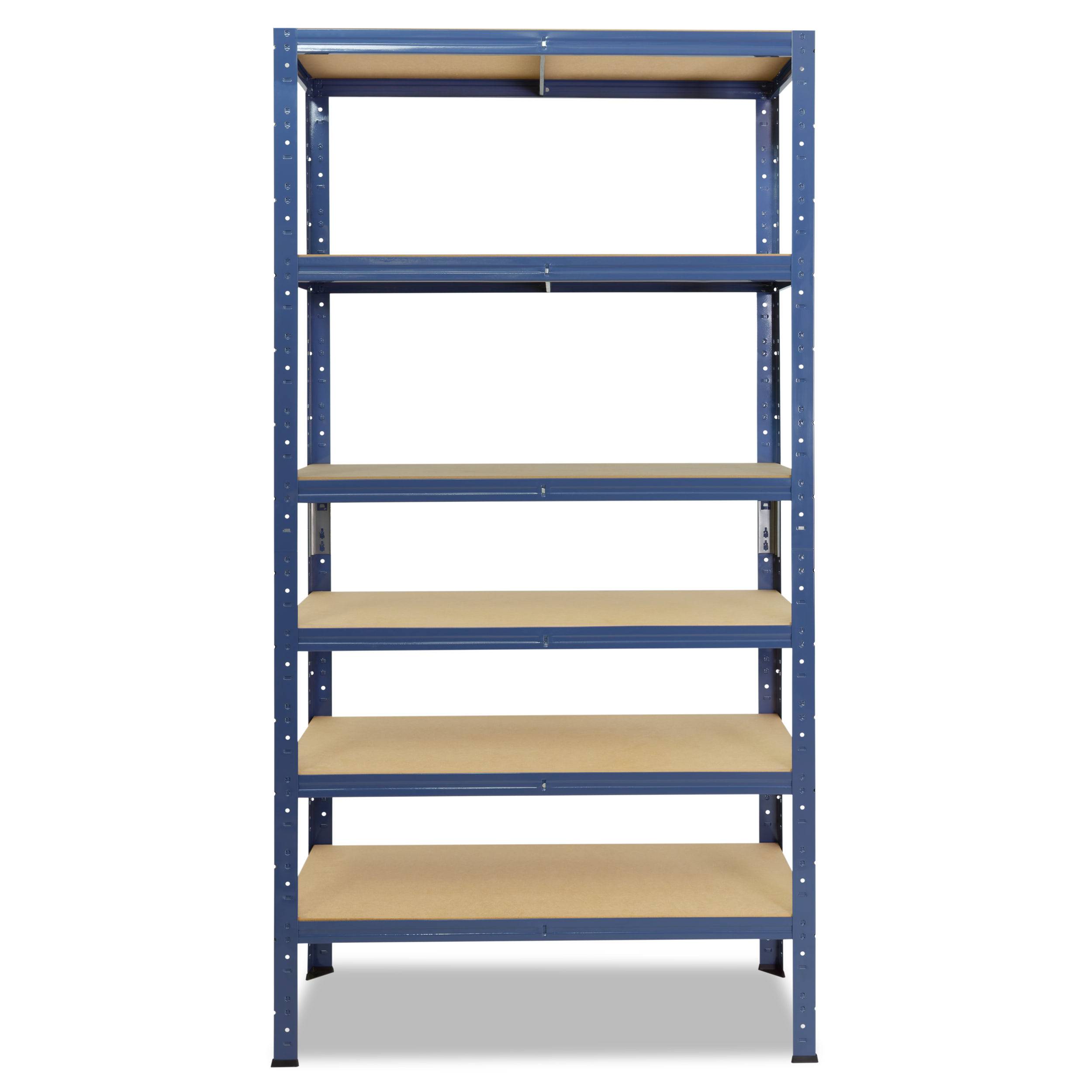 Blaue Metallregaleinheit mit sechs leeren Holzregalen, isoliert auf weißem Hintergrund.
