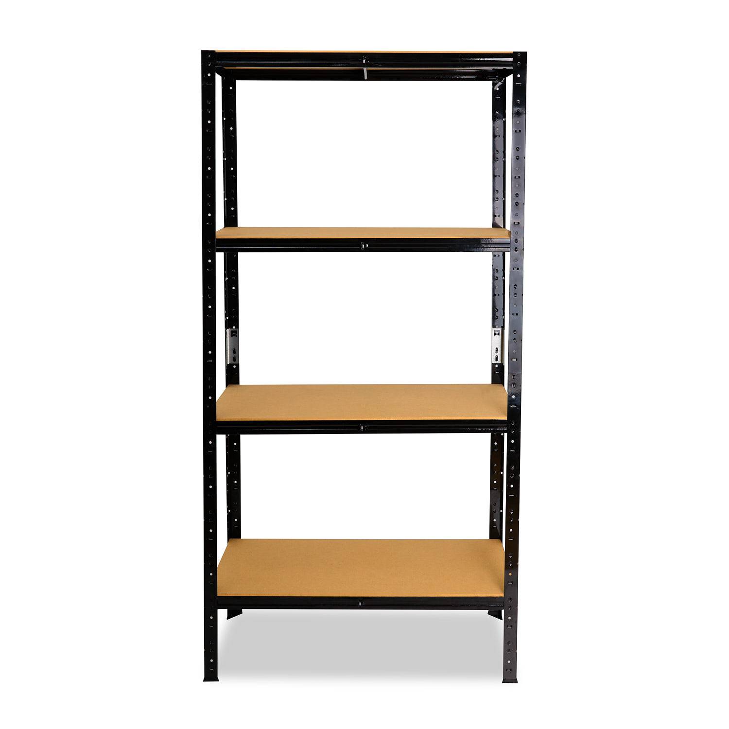 Schwarzes Metalllagerkregalsystem mit vier beige Holzregalen auf weißem Hintergrund.
