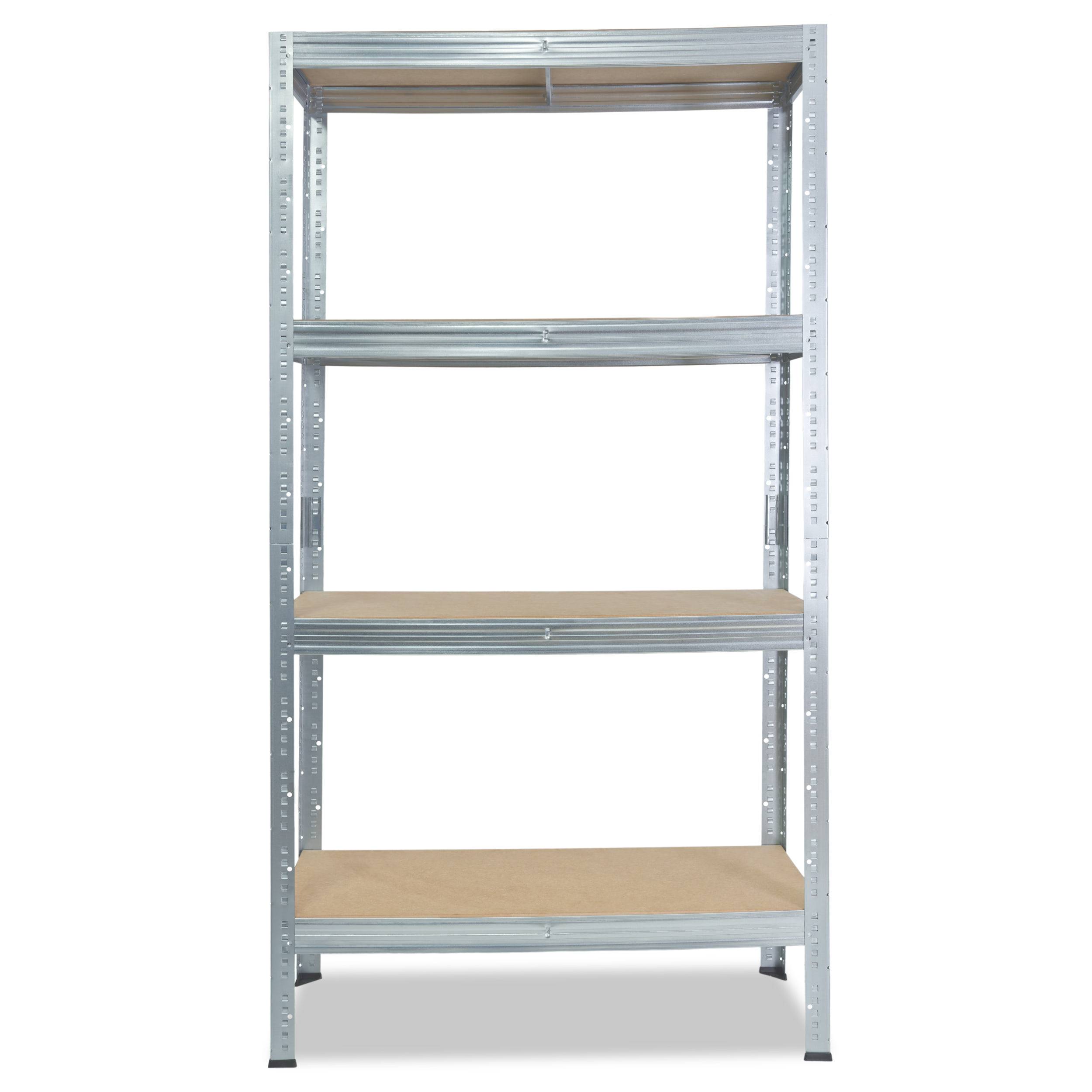 Leeres Metall-Lagersystem mit vier verstellbaren Holzregalen, vor weißem Hintergrund dargestellt.