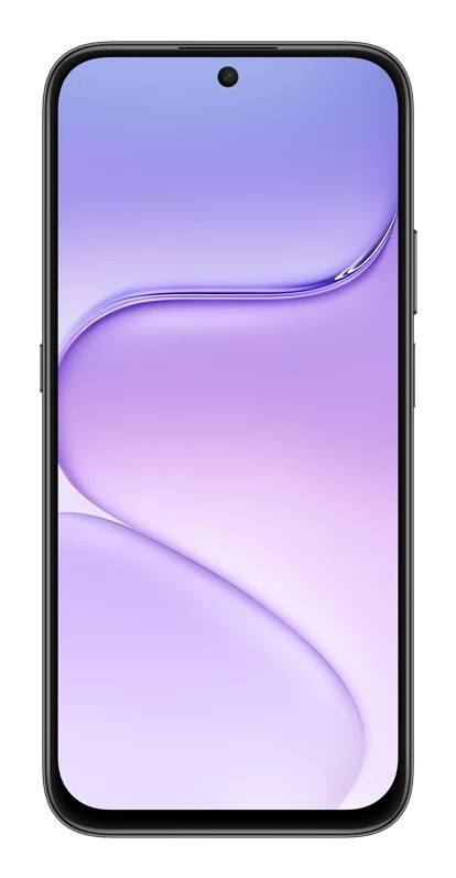Vorderansicht eines Smartphones mit violettem Farbverlauf-Hintergrundbild und zentrierter Loch-Kamera auf schwarzem Rahmen.