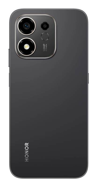 Rückansicht eines dunkelgrauen HONOR-Smartphones mit einem quadratischen Triple-Kamera-Modul und Blitzlicht in der oberen linken Ecke.