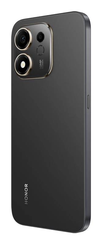 Rückseite eines schwarzen HONOR-Smartphones mit einem quadratischen Kameramodul mit zwei großen Linsen und einem Blitz auf einem schlichten weißen Hintergrund