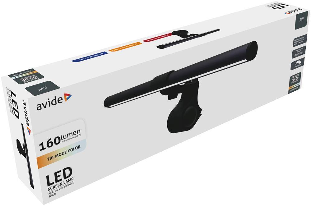 Produktbox für eine Avide LED-Bildschirmleuchte, die ein schwarzes Monitor-Lichtbalken zeigt. Die Verpackung hebt 160 Lumen und Tri-Mode-Farbe hervor.