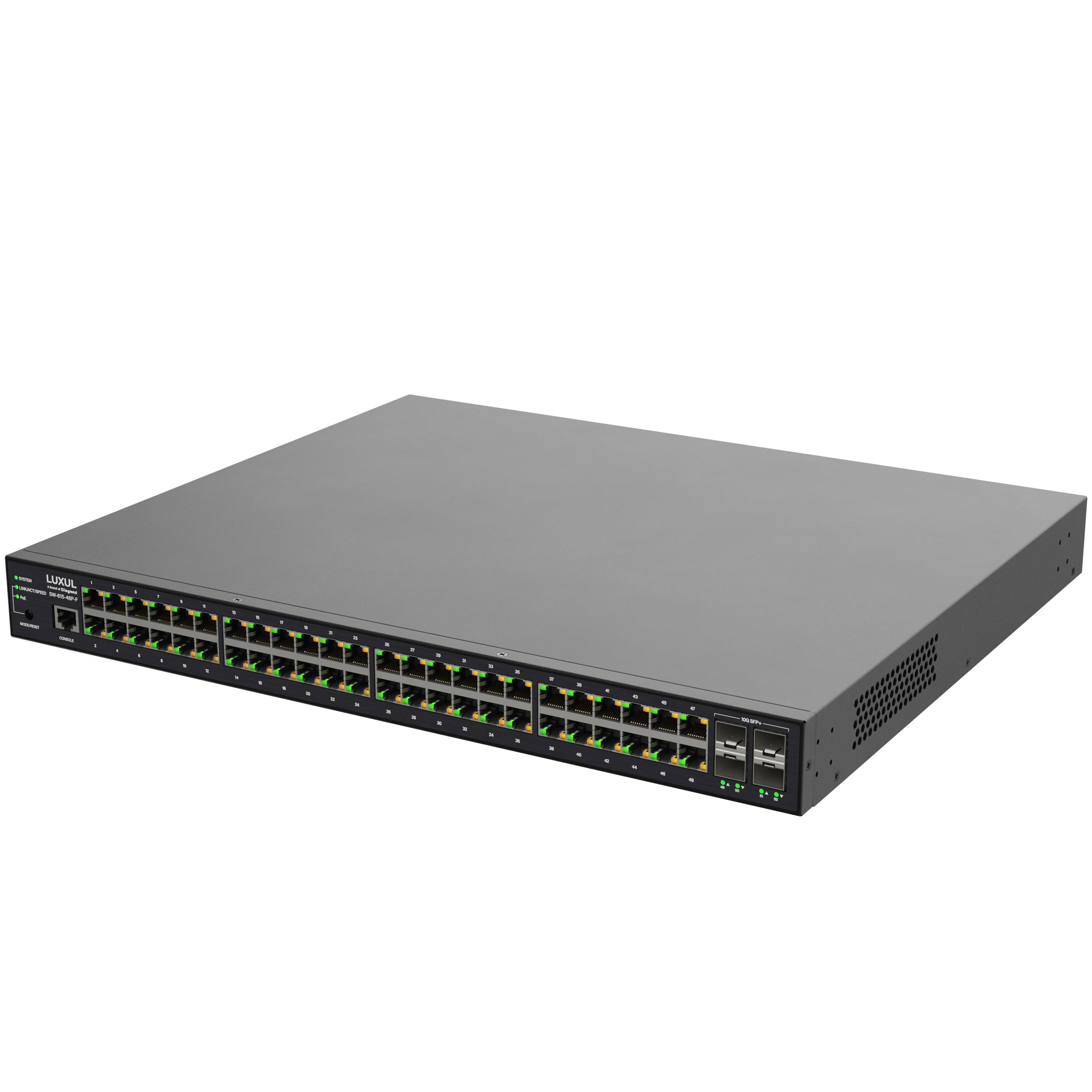 Rack-montierter Netzwerk-Switch mit mehreren Ethernet-Anschlüssen und Statusleuchten auf der Frontplatte