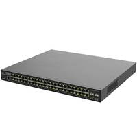 Vorderansicht eines Rack-Mount-Netzwerk-Switches mit mehreren Ethernet-Anschlüssen und Statusleuchten auf einem grauen Gehäuse.