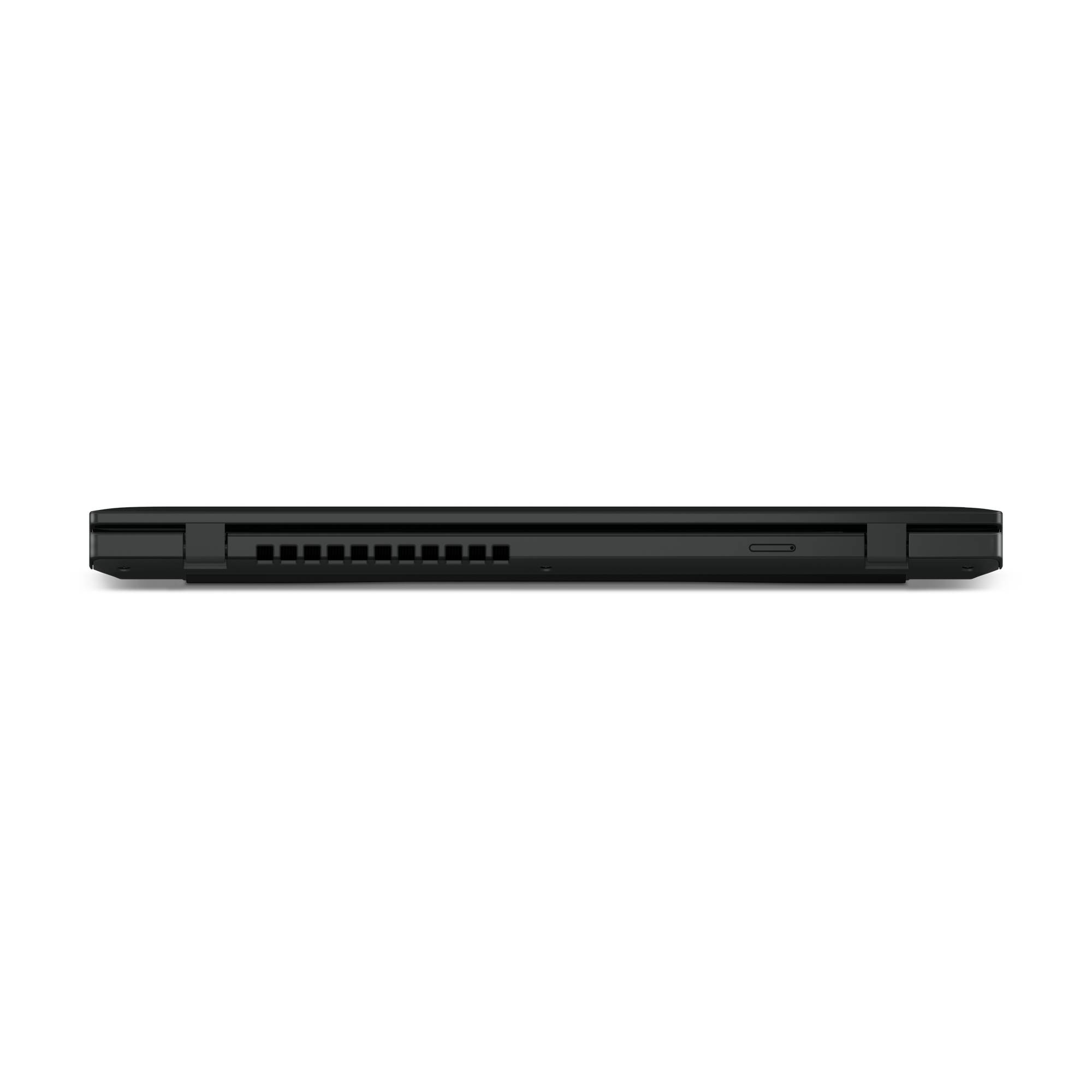 Seitenansicht eines geschlossenen schwarzen Laptops, die sein schlankes Profil, Belüftungsschlitze und Anschlussöffnungen auf weißem Hintergrund zeigt.
