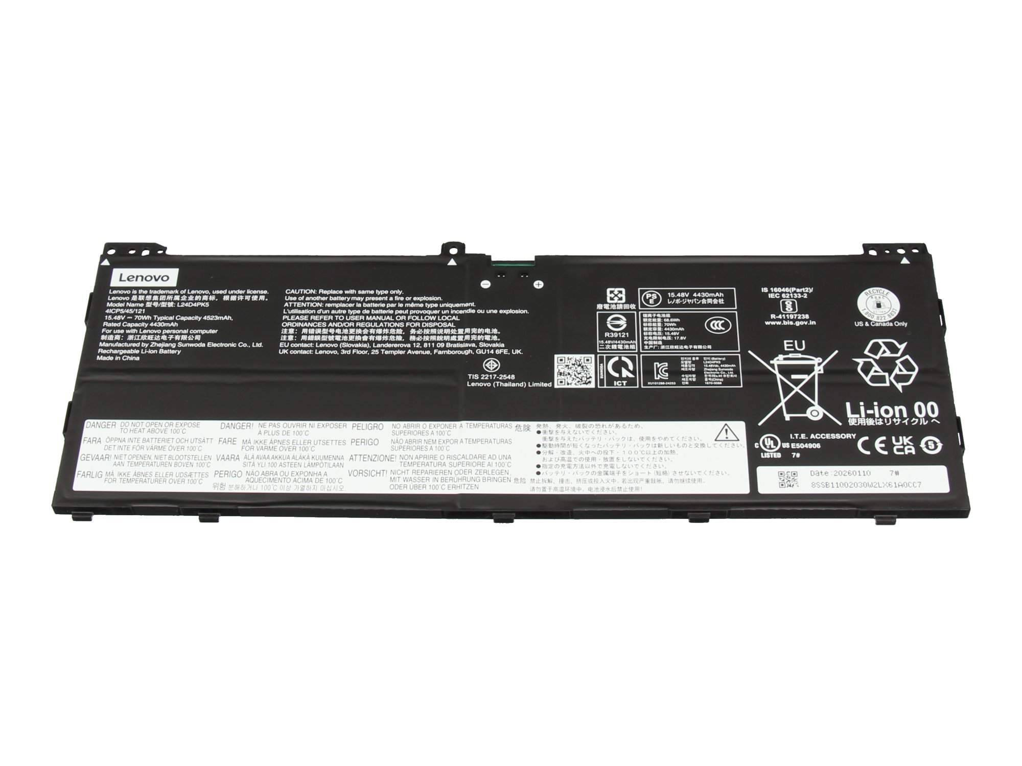 Lenovo Laptop-Akku auf weißem Hintergrund gezeigt, mit gedruckten Sicherheits- und Zertifizierungsetiketten.