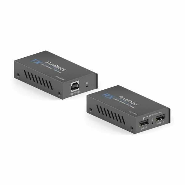 Zwei kompakte dunkelgraue Avenus RX- und TX-USB-Verlängerungsboxen auf weißem Hintergrund, jeweils mit Belüftungsschlitzen und USB-Anschlüssen.