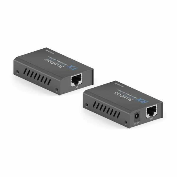 Zwei kleine schwarze Ethernet-Medienkonverter-Boxen mit Lüftungsschlitzen und RJ45-Anschlüssen, gezeigt auf weißem Hintergrund.