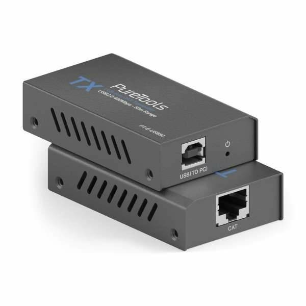 Zwei gestapelte dunkelgraue PureTools TX/RX-Boxen für USB-über-CAT-Extender, mit beschrifteten USB-zu-PC- und CAT-Anschlüssen.