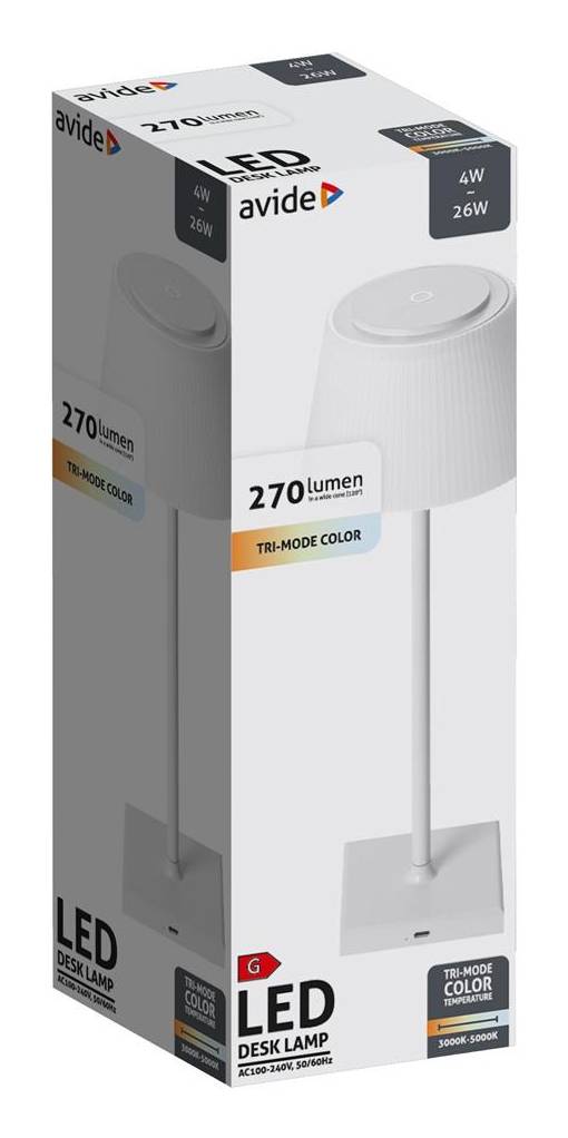 Verpackung für eine Avid LED-Schreibtischleuchte, die eine weiße Lampe mit "270 Lumen"" und ""TRI-MODE COLOR"" auf der Schachtel zeigt.