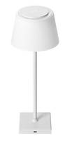 Weiße moderne Tischlampe mit konischem Schirm und quadratischem Sockel, gezeigt vor einem einfachen Hintergrund.