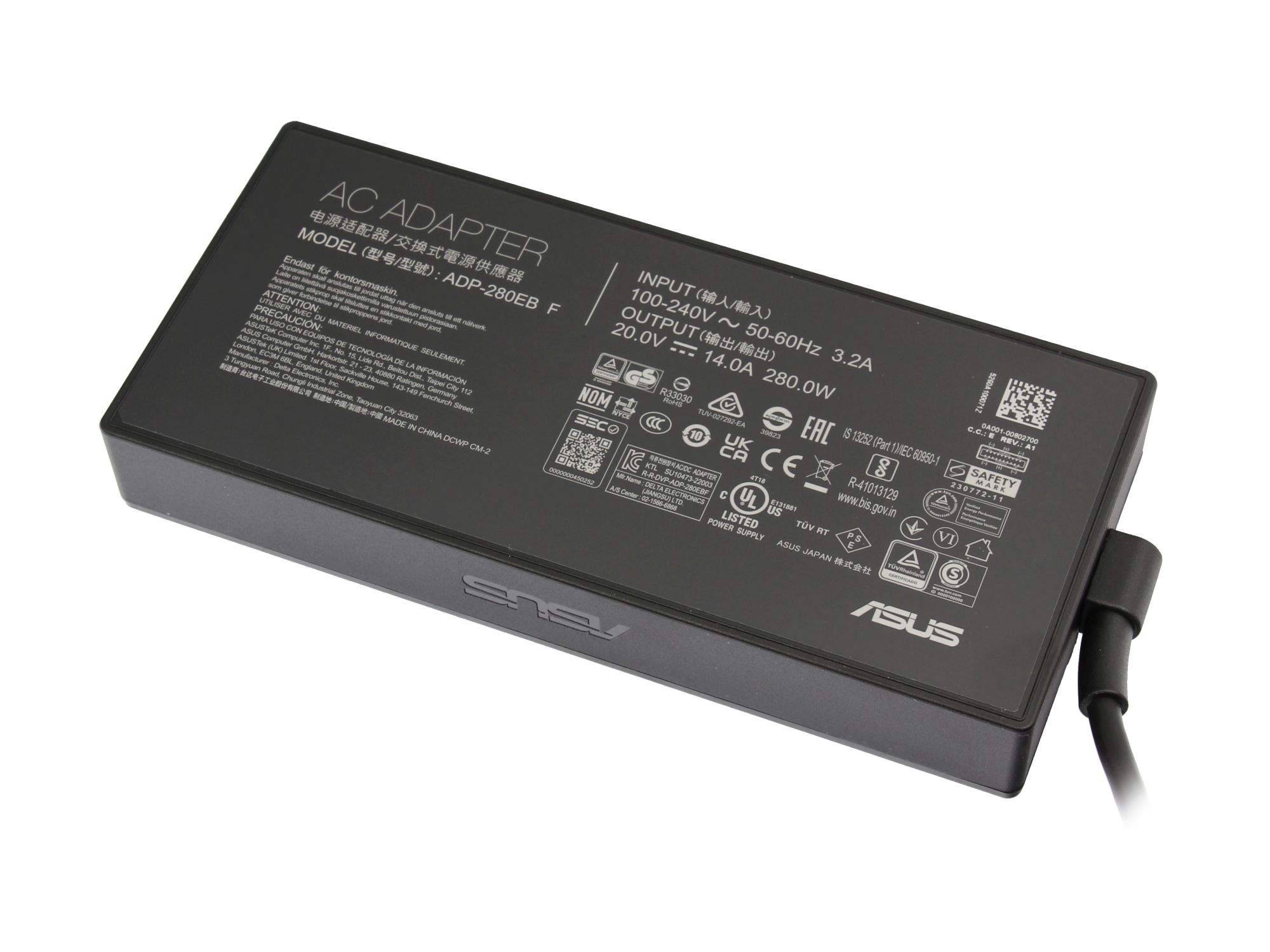 Schwarzes ASUS-Netzteil mit angeschlossenem Kabel, gekennzeichnet mit Eingabe 100-240V und Ausgabe 19,4A 280W.