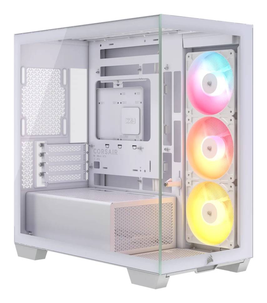 Weiß-schwarzes Corsair-Desktop-PC-Gehäuse mit Glasseitenpanel, drei RGB-Frontlüfter und sichtbaren internen Komponenten, leer/offen dargestellt.