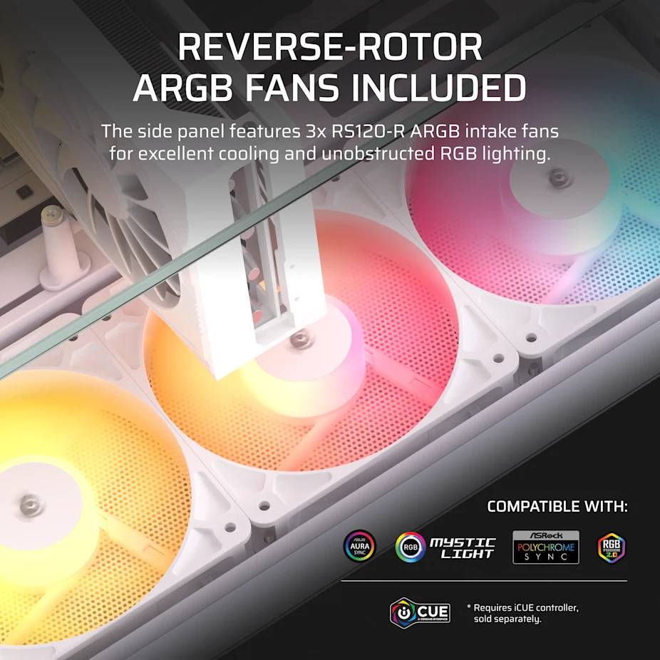 PC-Gehäuse-Seitenpanel mit 3 Reverse-Rotor-ARGB-Ansaugventilatoren, die bunte RGB-Beleuchtung und Kompatibilitätslogos für Aura Sync, Mystic Light, RGB Fusion, Polychrome Sync und iCUE zeigen.