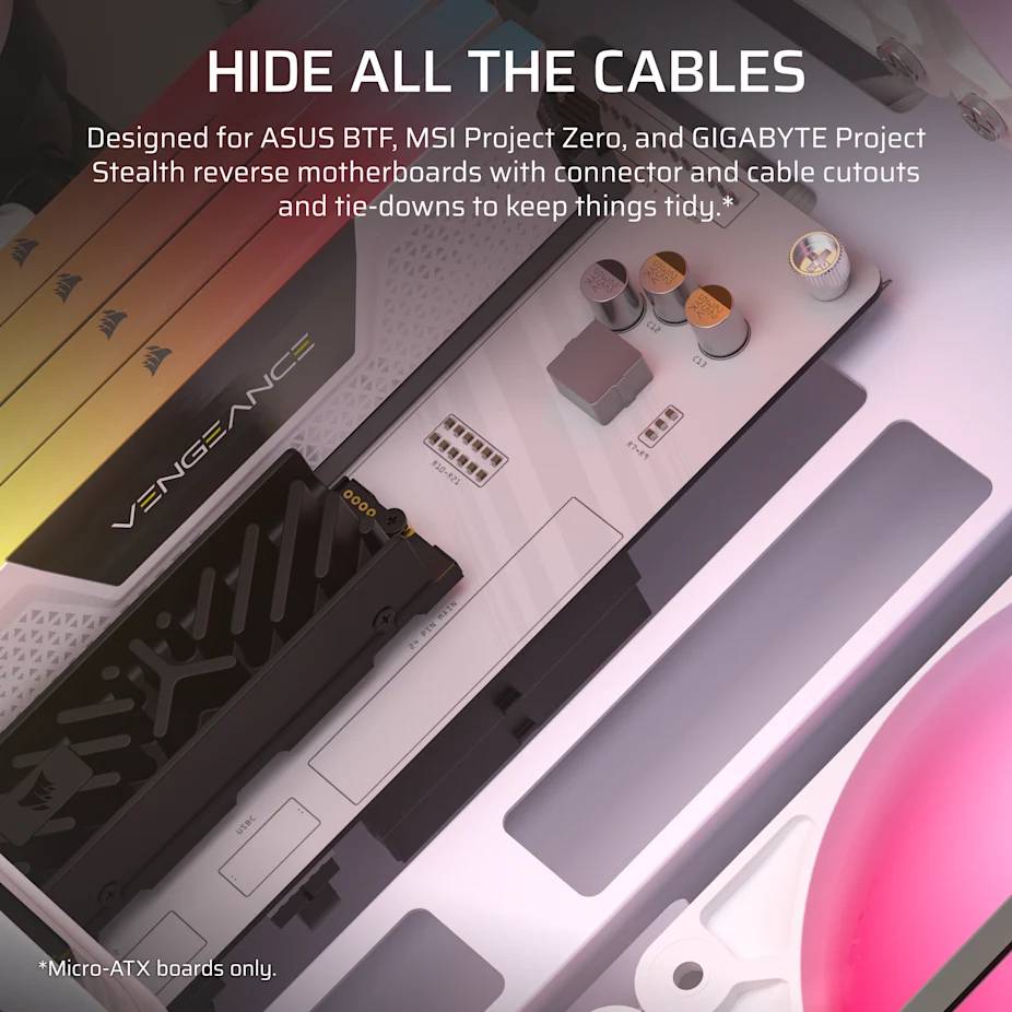 Explodierte Darstellung eines PC-Gehäuses mit Kabelverbergungs-Funktionen für Reverse-Connector-Micro-ATX-Motherboards, mit dem Text „ALLE KABEL VERSTECKEN".