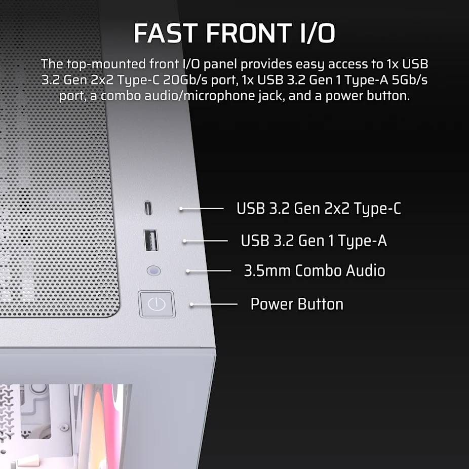 Oben montiertes PC-Front-I/O-Panel mit USB 3.2 Gen 2x2 Type-C, USB 3.2 Gen 1 Type-A, 3,5-mm-Combo-Audio und Stromschalter.