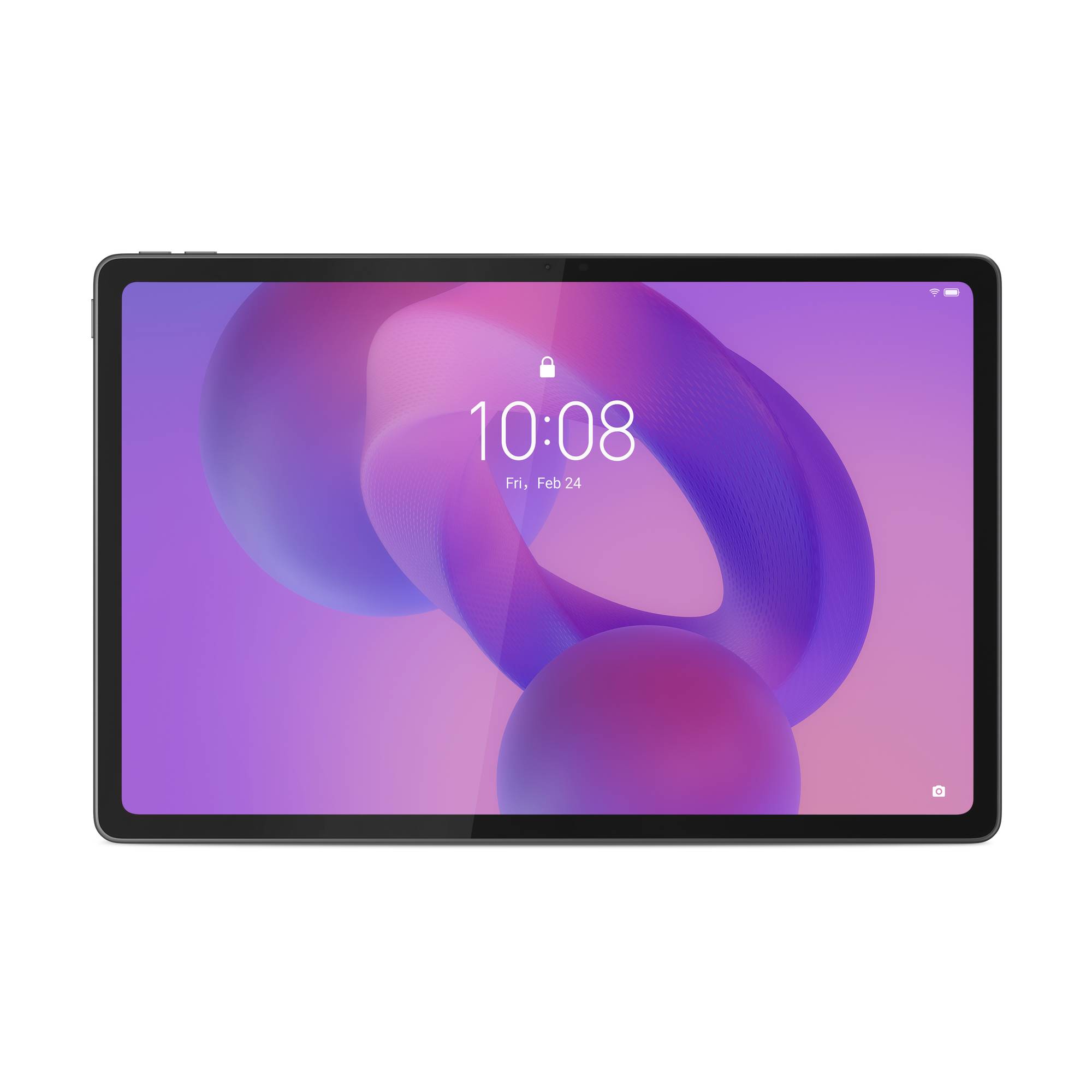 Ein Tablet, das im Querformat auf weißem Hintergrund angezeigt wird, mit einem violetten Sperrbildschirm, der die Uhrzeit 10:08 und das Datum Fri, Feb 24 anzeigt.