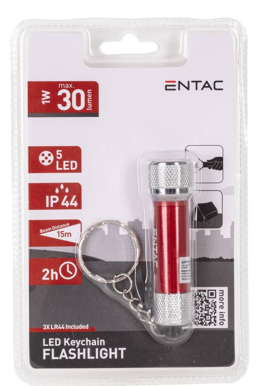 Paket einer ENTAC LED-Schlüsselanhänger-Taschenlampe, das zeigt eine rote Mini-Taschenlampe mit Schlüsselanhänger-Ring; beansprucht 30 Lumen, 5 LED, IP44, 15m Leuchtweite, 2h Laufzeit, 3x LR44 enthalten.