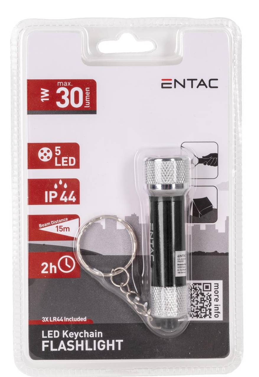 ENTAC LED Schlüsselanhänger Taschenlampe Paket mit max. 30 Lumen, 5 LED, IP44, 15 m Leuchtweite, 2h Laufzeit und 3x LR44 im Lieferumfang enthalten.