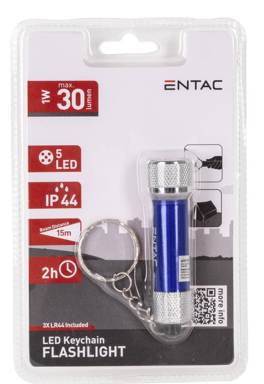 Packung einer ENTAC LED-Schlüsselanhänger-Taschenlampe mit Schlüsselring, gekennzeichnet mit 30 Lumen, 5 LED, IP44, 15 m Strahlreichweite und 2 h Laufzeit.