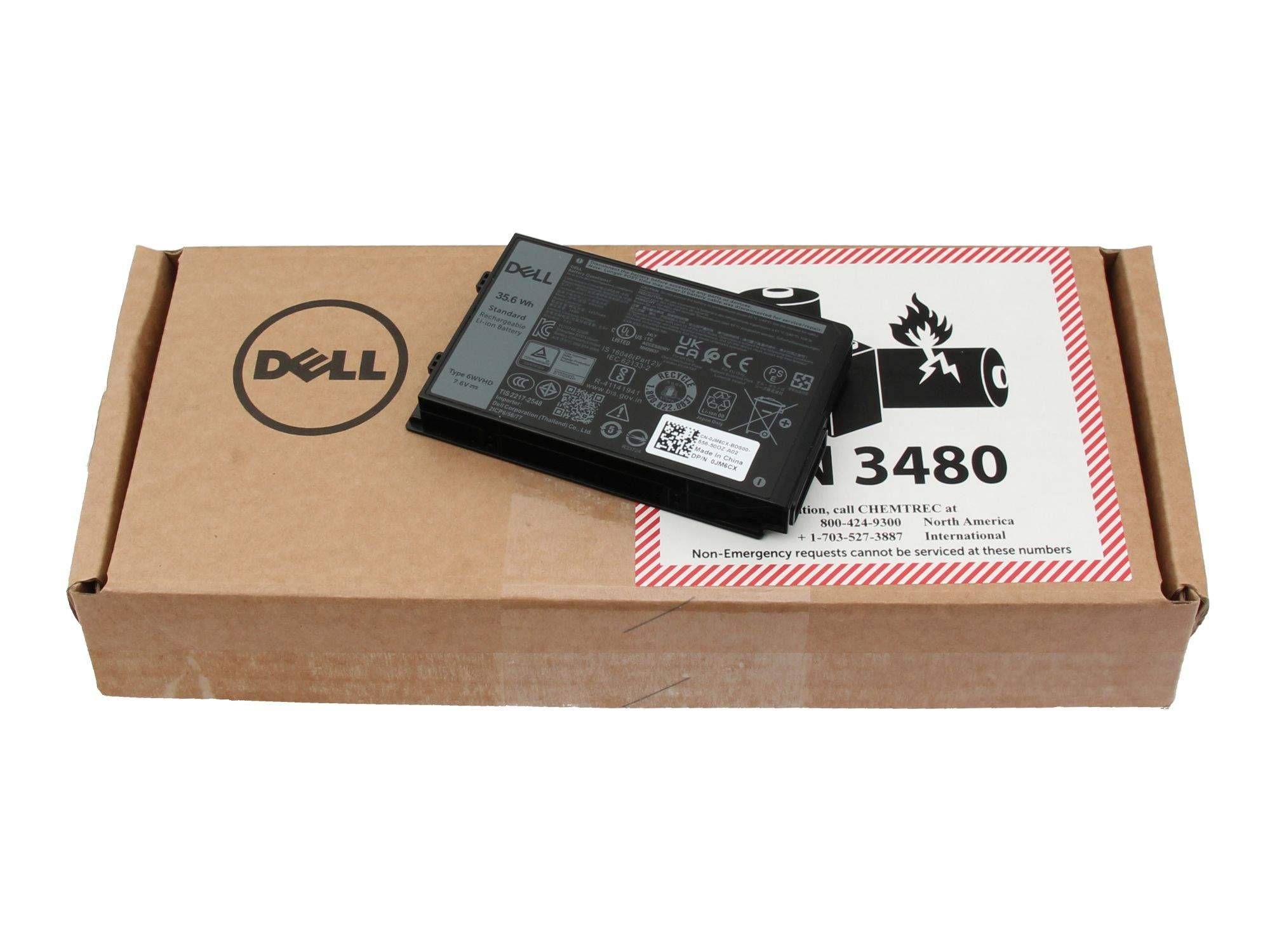 Dell-Laptop-Akku in einer Dell-Schachtel, gekennzeichnet mit „J4X3M 3480