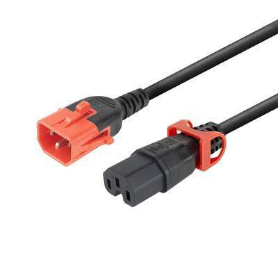 Zwei schwarze Stromstecker mit roten Verriegelungslaschen, gezeigt auf weißem Hintergrund.
