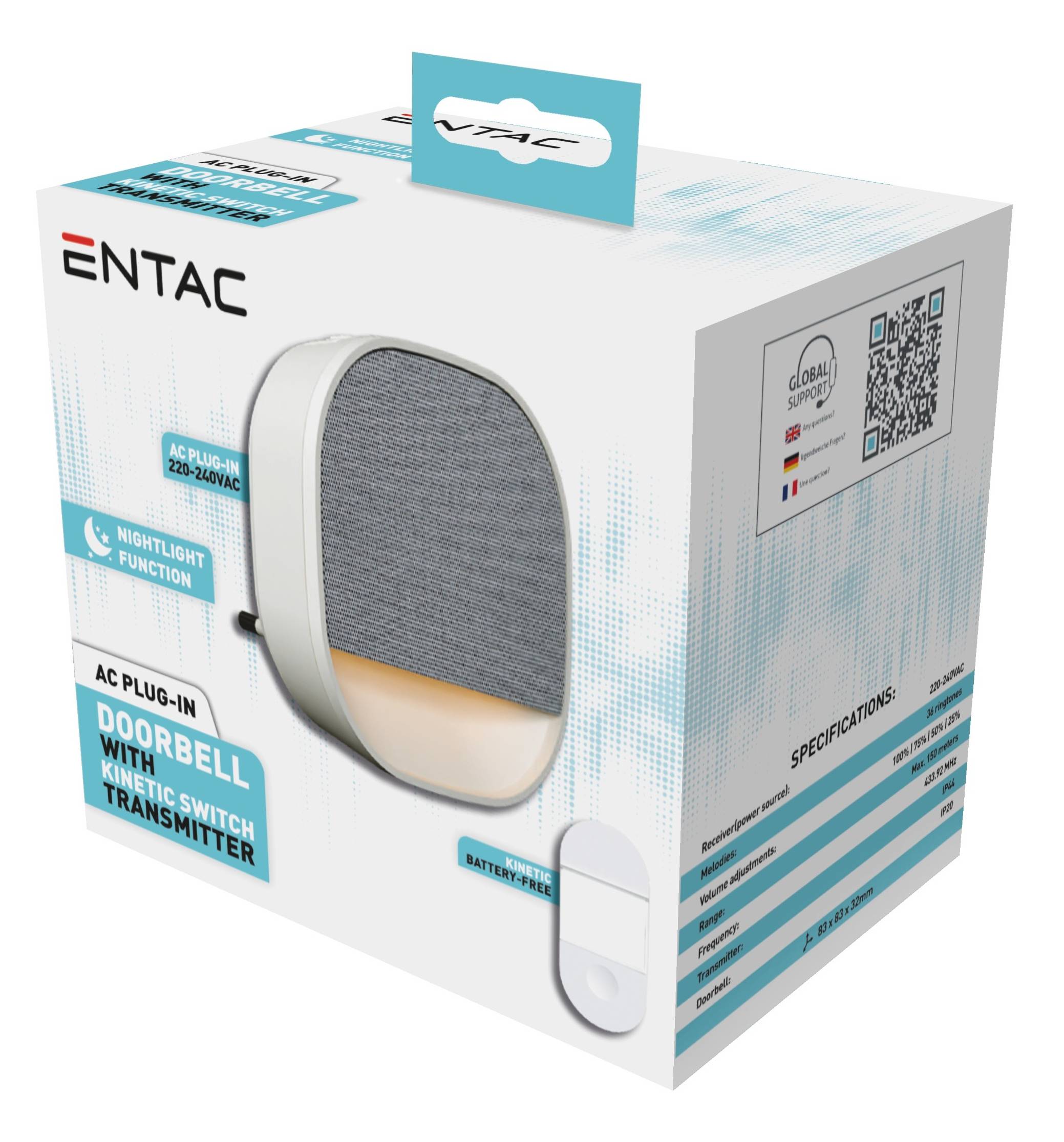 ENTAC Funk-Türklingel-Set mit Stecker-Empfänger, kinetischem Schalter-Sender, Nachtlichtfunktion und QR-Code auf der Verpackung.