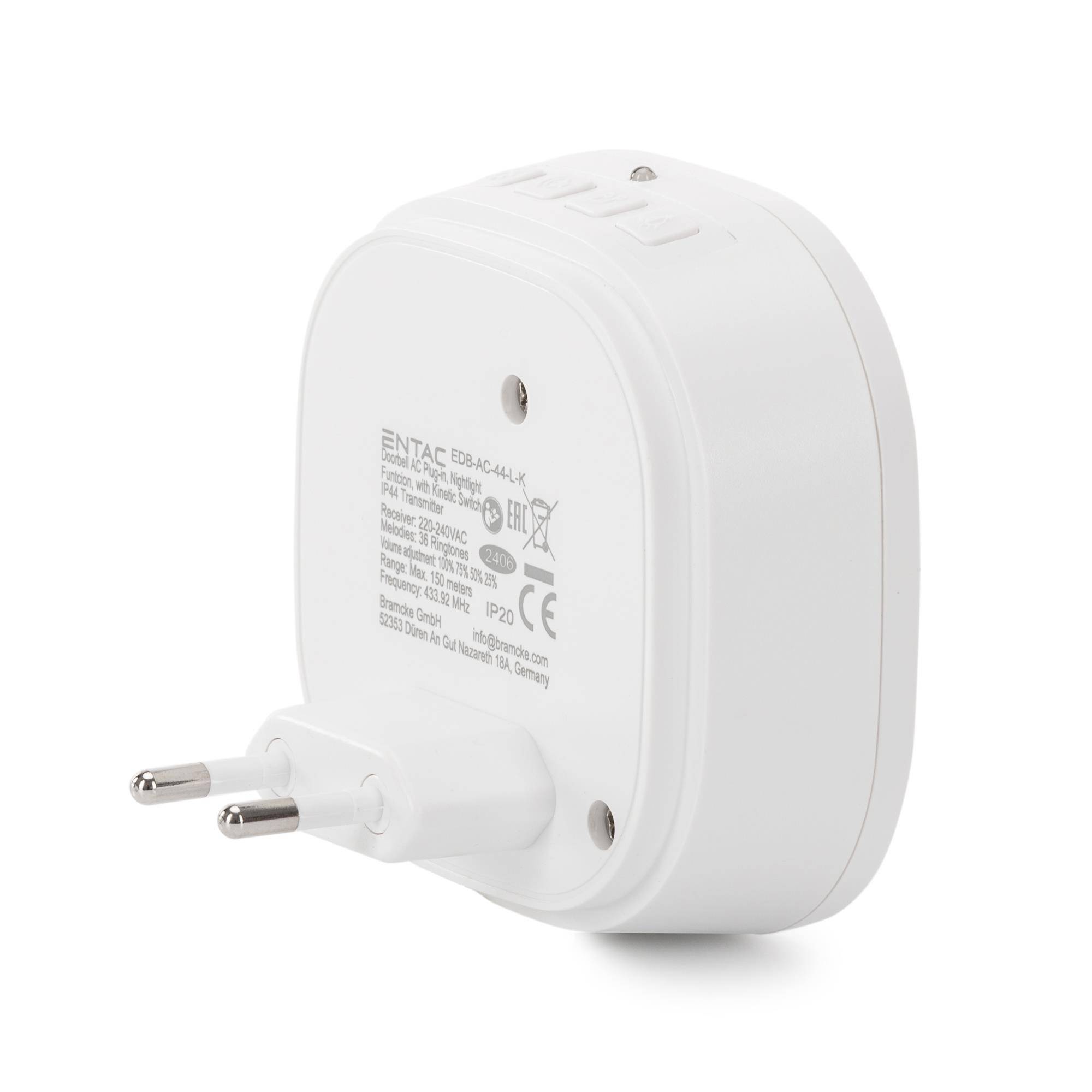 Weißer Stecker-Stromadapter mit zwei runden Stiften und aufgedrucktem technischen Etikett auf der Rückseite.