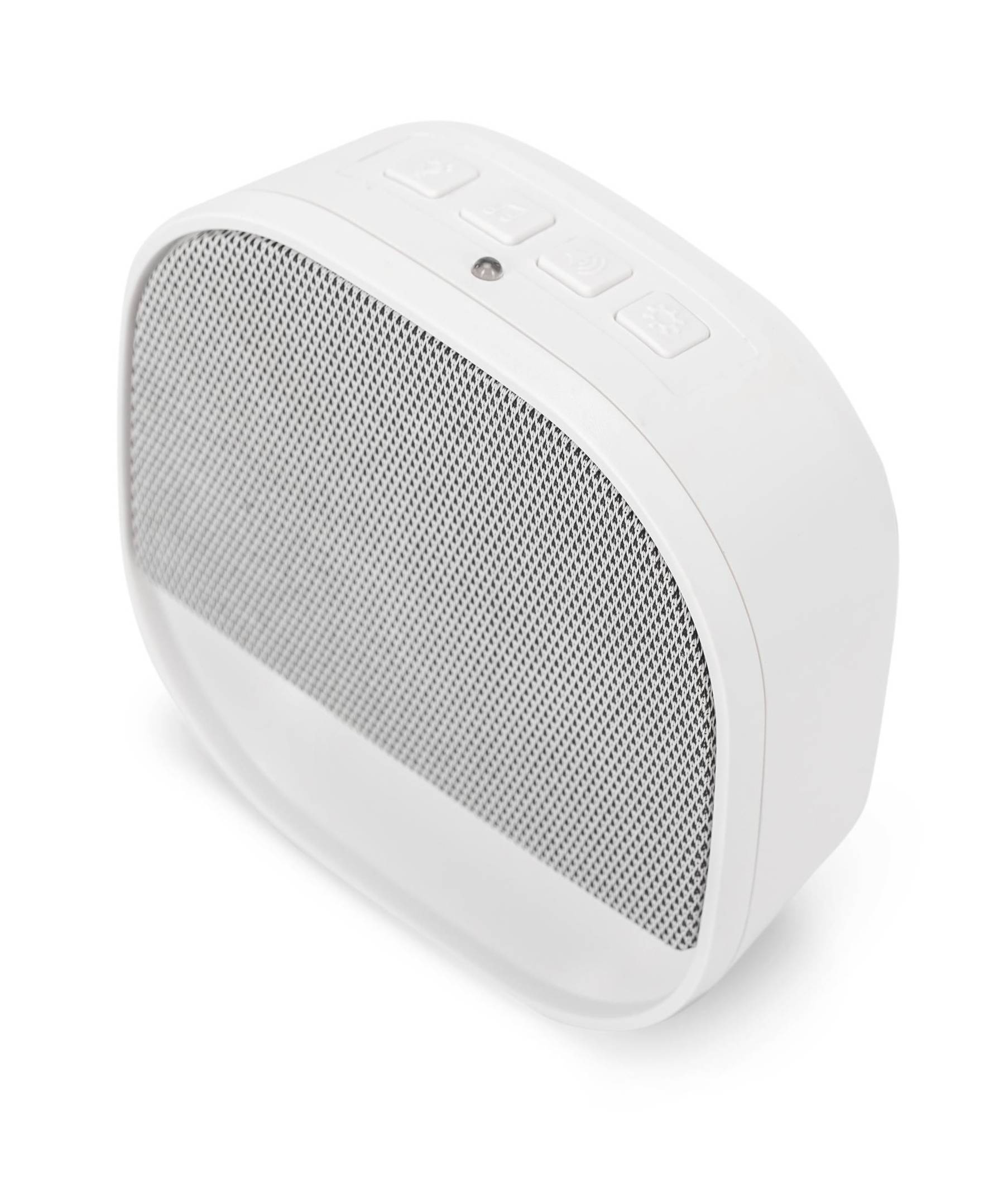 Tragbarer weißer Bluetooth-Lautsprecher mit frontaler Gitterstruktur, Steuerelemente oben und kleine Kontrollleuchte auf weißem Hintergrund