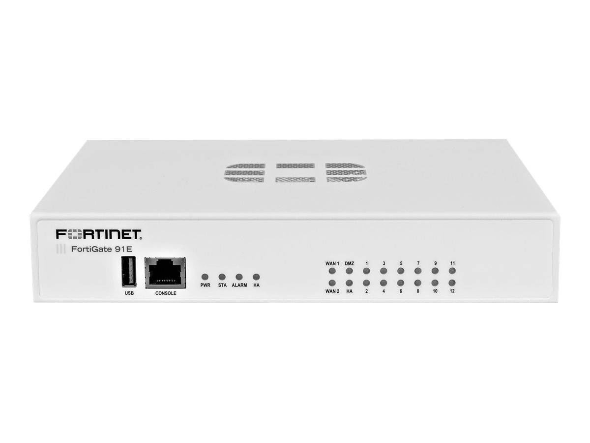 Vorderansicht eines Fortinet FortiGate 91E Netzwerksicherheitsgeräts mit USB-, Konsolenport, Statusleuchten und nummerierten Portanzeigen.