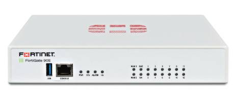 Vorderansicht eines Fortinet FortiGate 90E Firewall-Geräts mit USB, Konsole, Statusleuchten und nummerierten Anschlüssen auf einem weißen Gehäuse.