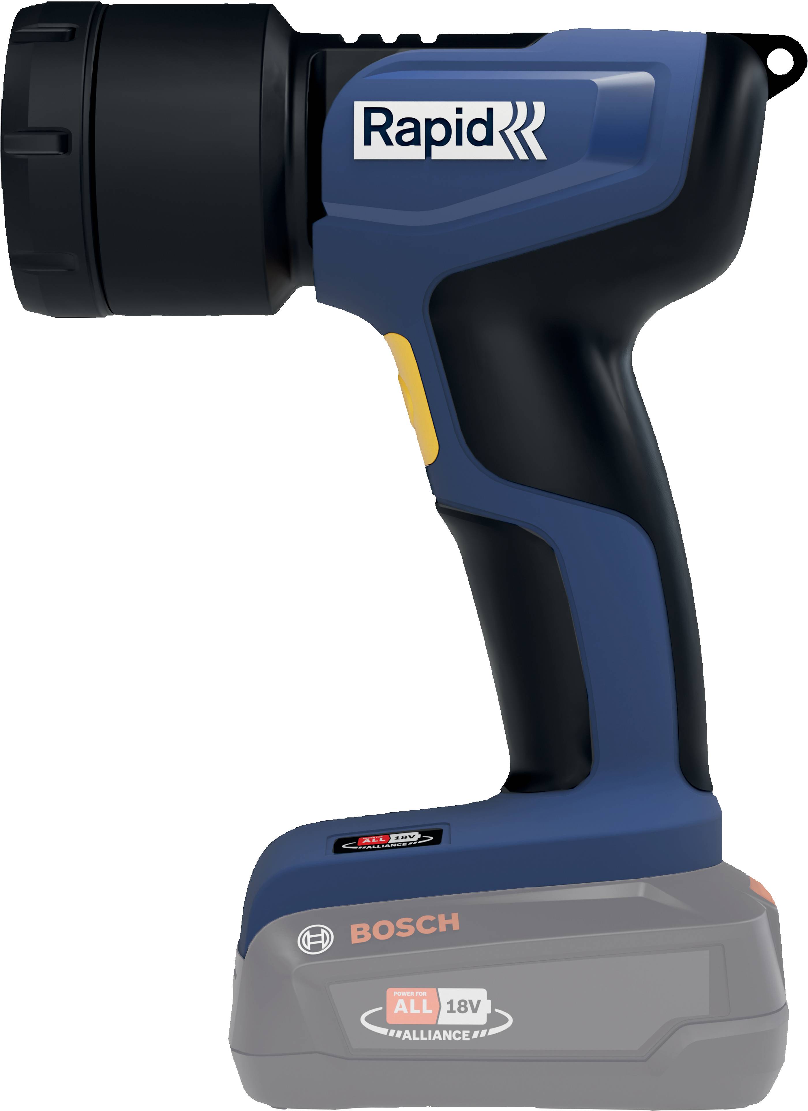 Schnurloses Bosch Rapid Elektrowerkzeug mit schwarzer zylindrischer Frontanbringung, blau-schwarzem Griff und grauem 18V-Akku.