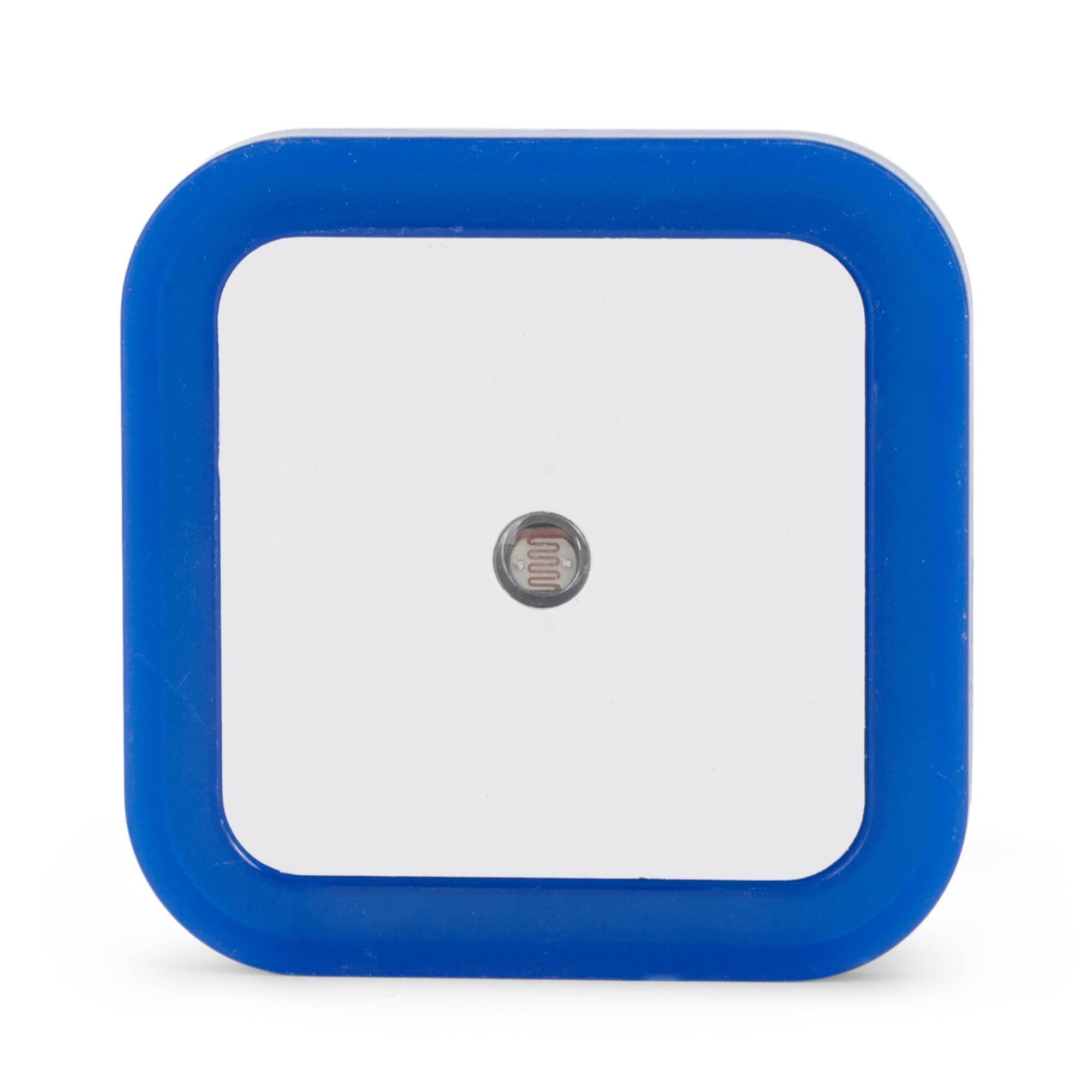 Quadratischer blaugerahmter Lichtsensor oder Schalter mit einem kleinen kreisförmigen Sensor in der Mitte auf weißem Hintergrund.