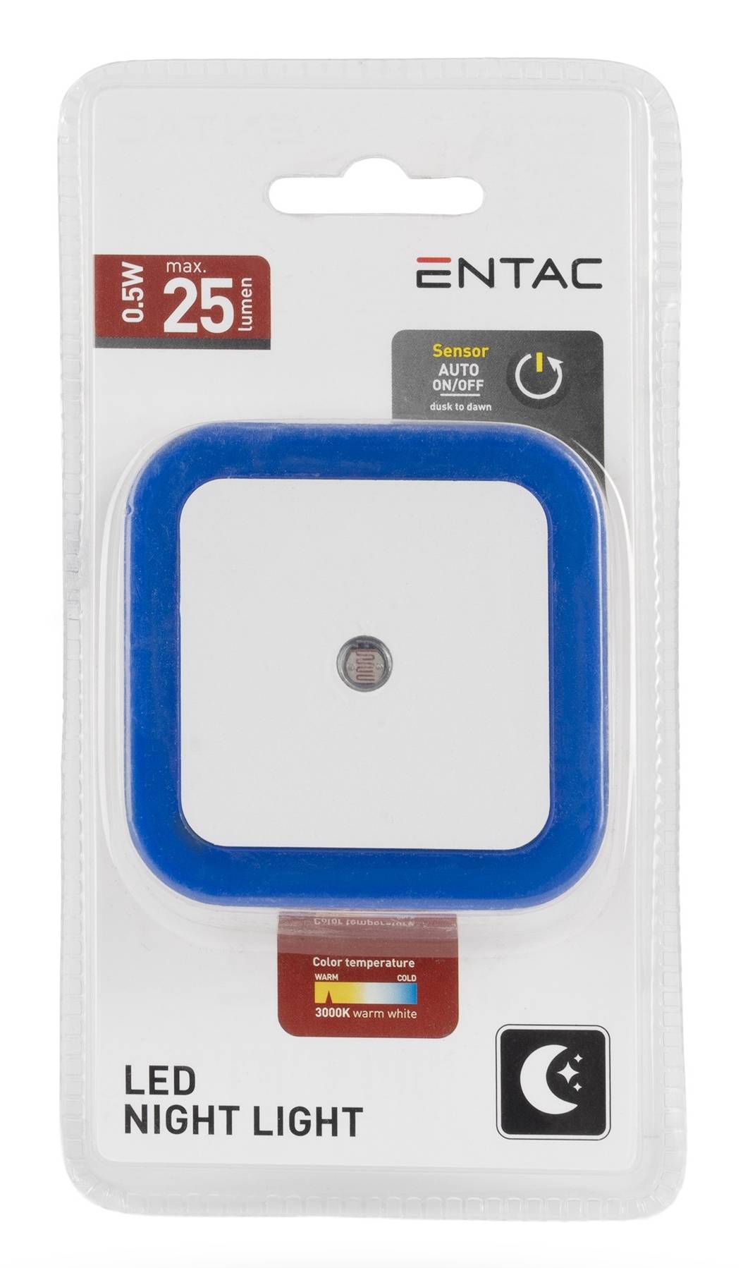 ENTAC LED-Nachtlicht in blauem Quadratrahmen, Sensor automatische Ein-/Ausschaltung, max. 25 Lumen, 0,5W, Warmweiß 3000K, für den Innengebrauch.