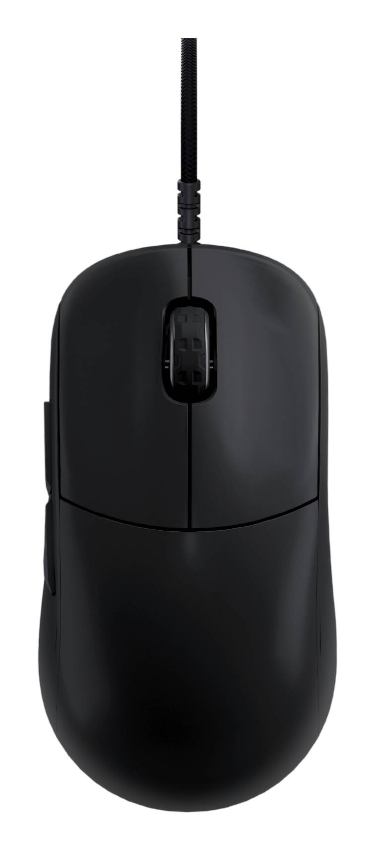 Schwarze kabelgebundene Computermaus von oben auf weißem Hintergrund gezeigt.