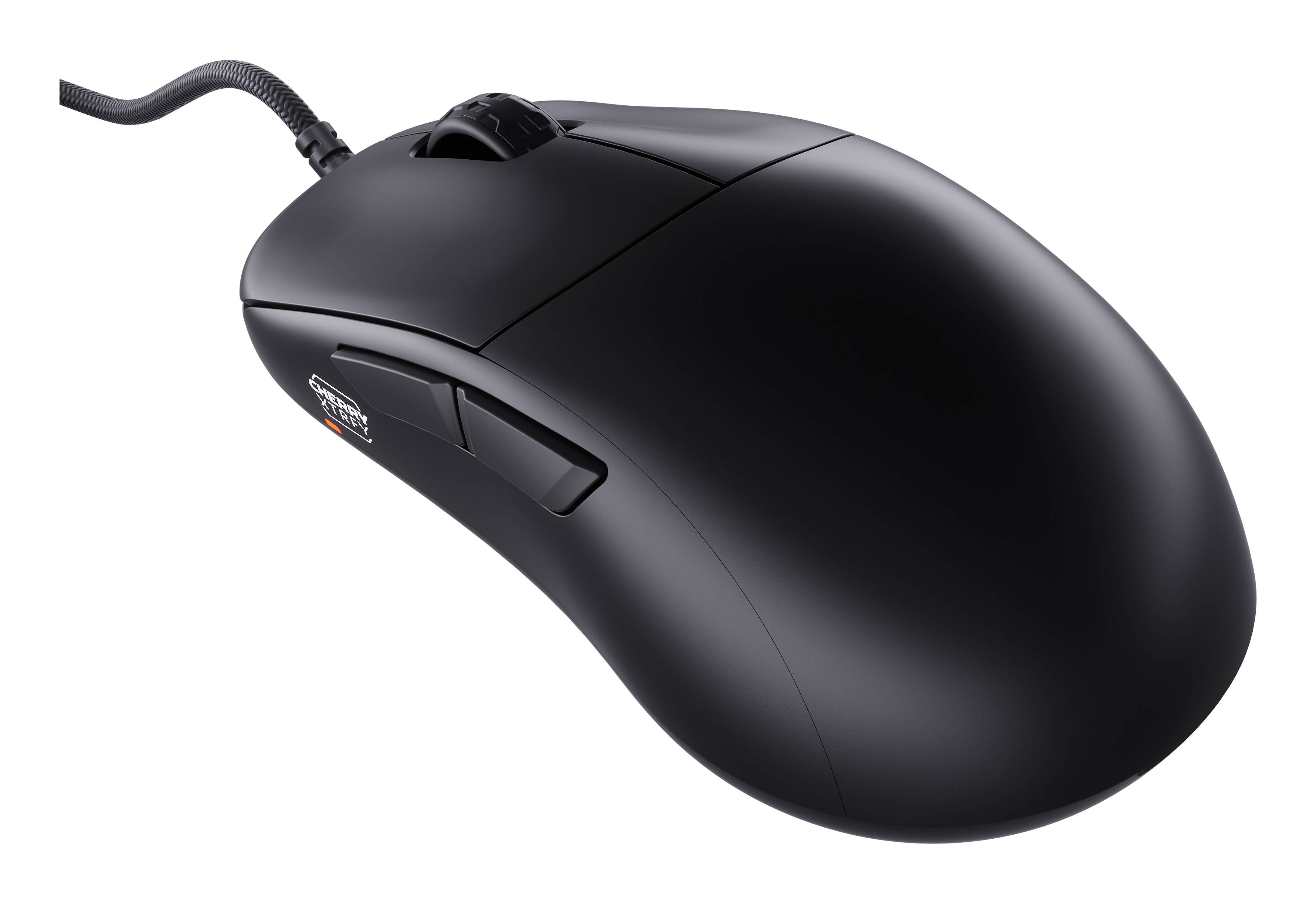Schwarze kabelgebundene Computermaus mit Scrollrad und Seitentasten auf weißem Hintergrund.