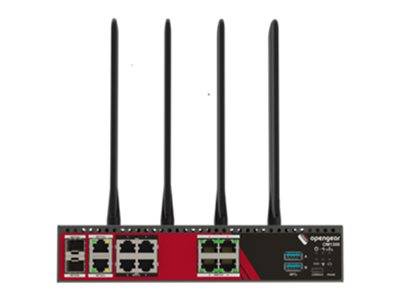 Ein schwarzes und rotes Opengear-Netzwerkgerät mit vier hohen Antennen, Frontplattenschnittstellen und Statusleuchten, shown on a white background.