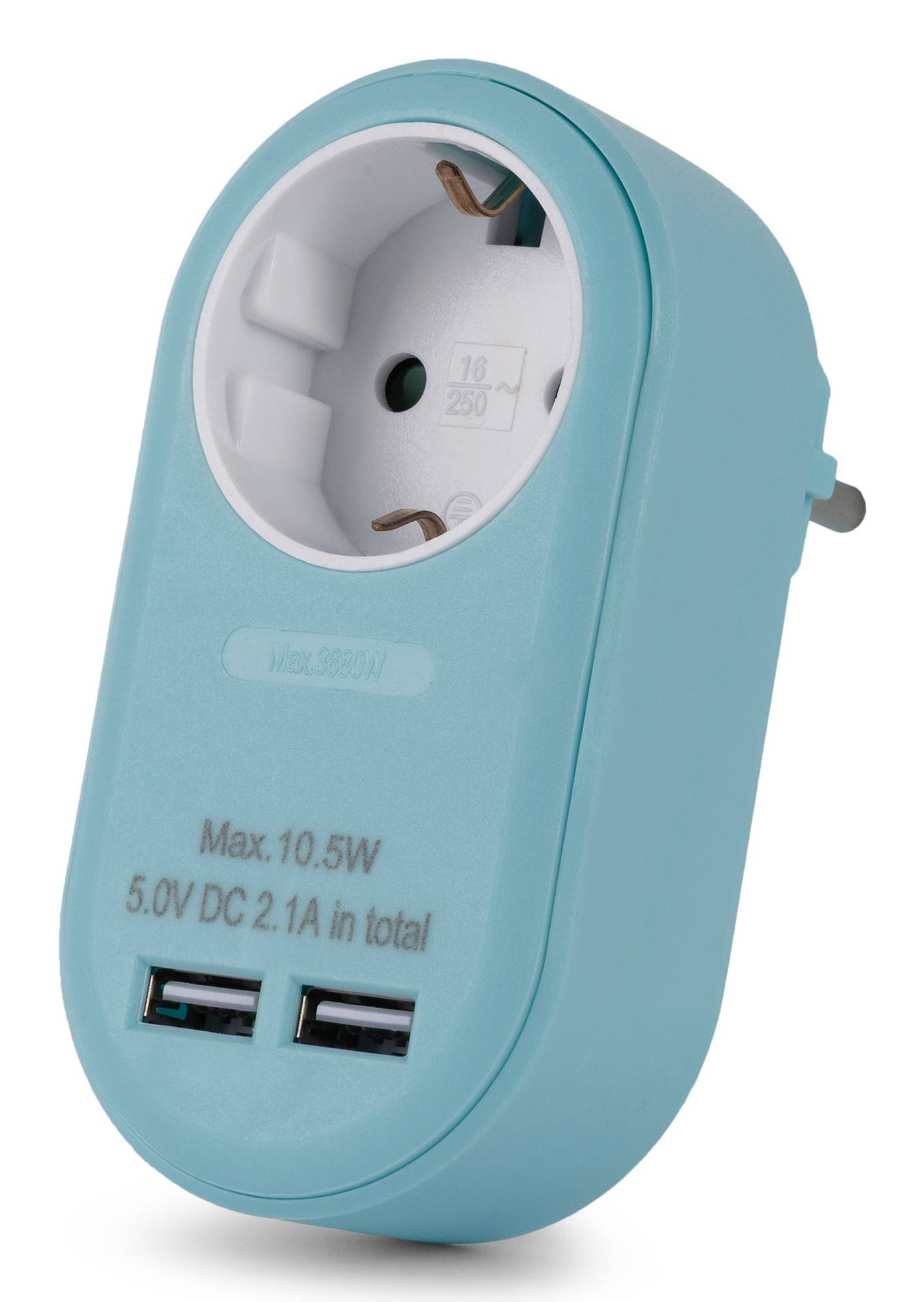 Ein türkisfarbener Stecker-Stromadapter mit einer EU-Steckdose und zwei USB-Anschlüssen, beschriftet mit „Max. 10,5W