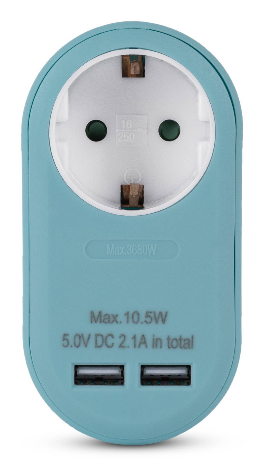 Blauer Wandstecker-USB-Ladegerät mit zwei Anschlüssen und einer runden Buchse, beschriftet mit „Max. 10,5W" und „5,0V DC 2,1A insgesamt"".