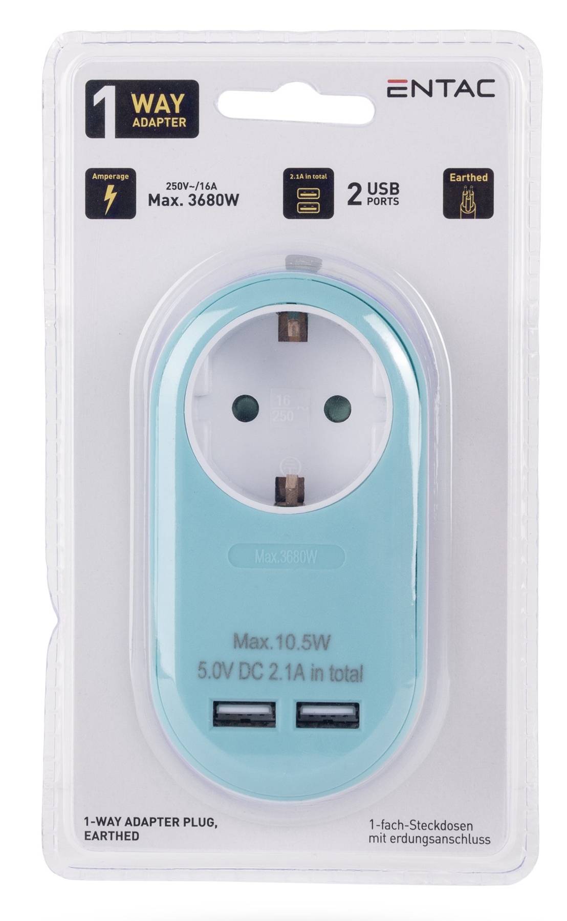 Verpackung für einen ENTAC 1-Wege-Adapterstecker mit geerdetem Ausgang und 2 USB-Anschlüssen, gekennzeichnet mit max. 3680W und 5.0V DC 2.1A