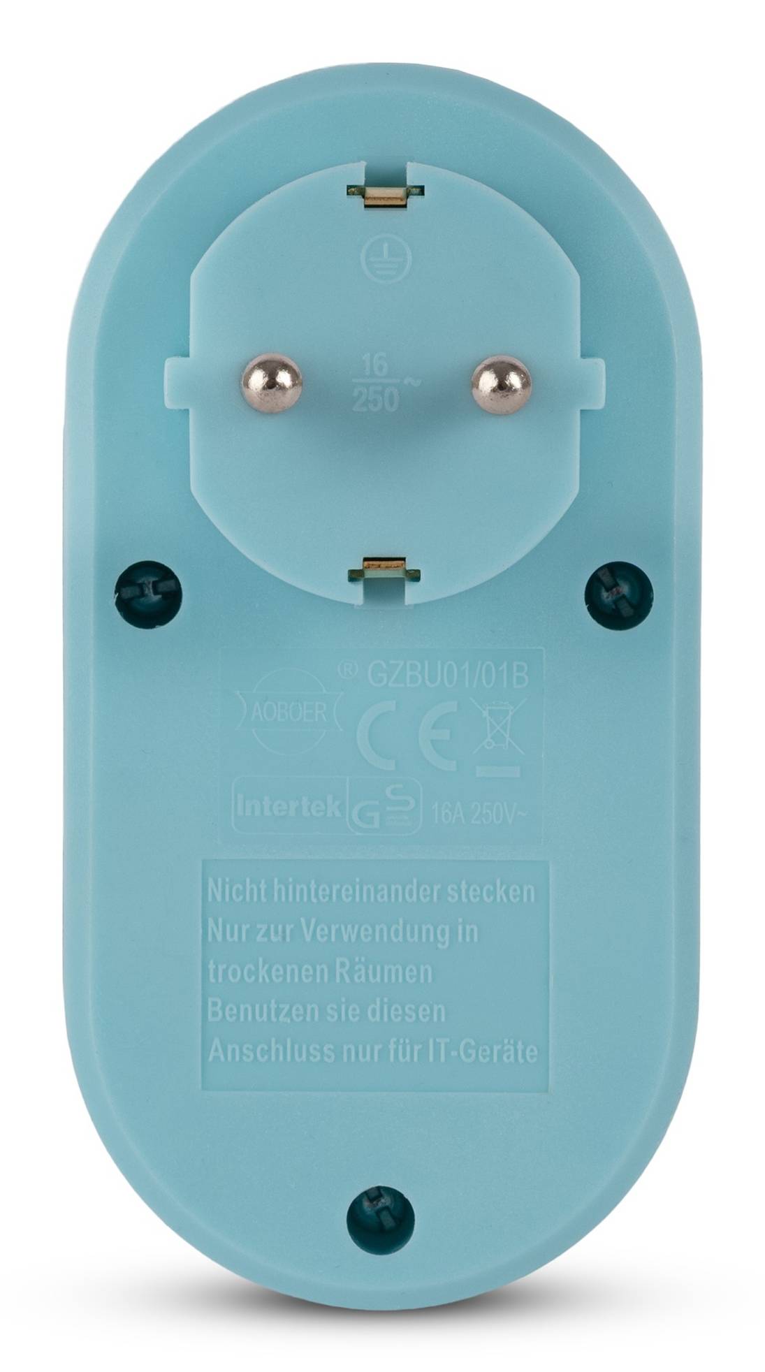 Rückansicht eines türkisfarbenen Stecker-Elektroadapters mit zwei Metallstiften und gedruckten Sicherheitsanweisungen auf der Rückseite.