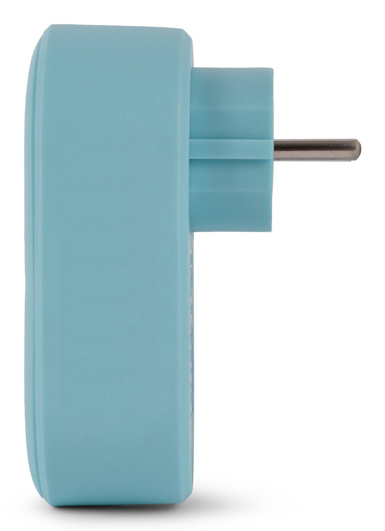 Blauer Elektrostecker mit einem einzelnen Metallstift, in Seitenansicht auf weißem Hintergrund dargestellt.