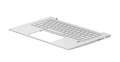 Silberne Laptop-Basis mit Tastatur und Touchpad, geöffnet auf weißem Hintergrund dargestellt.