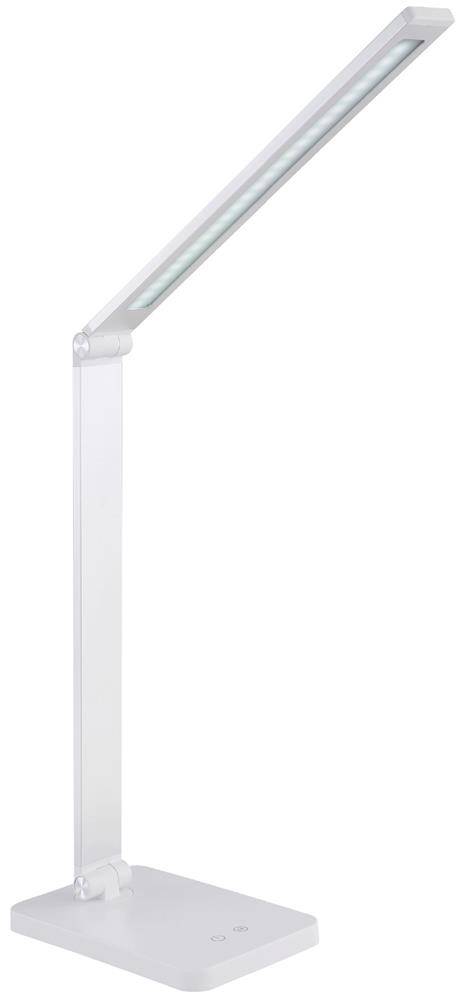 Weiße verstellbare LED-Schreibtischlampe mit schmalem horizontalem Leuchtbalken und rechteckiger Basis