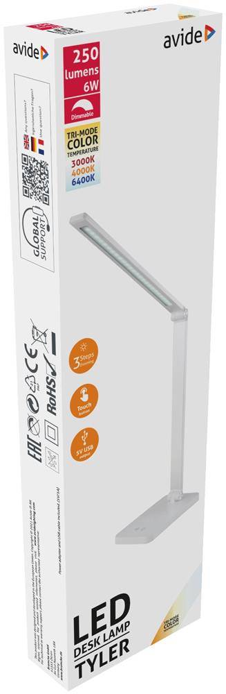 Produktverpackung für eine Avide TYLER LED-Schreibtischleuchte, die eine schlanke weiße Leuchte mit 25W/2500 Lumen zeigt, mit Optionen für warme bis kühle Farbtemperaturen, auf weißer Verpackung.