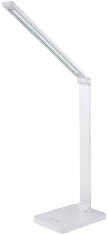 Weiße verstellbare Schreibtischlampe mit langem gewinkltem LED-Arm auf rechteckiger Basis.