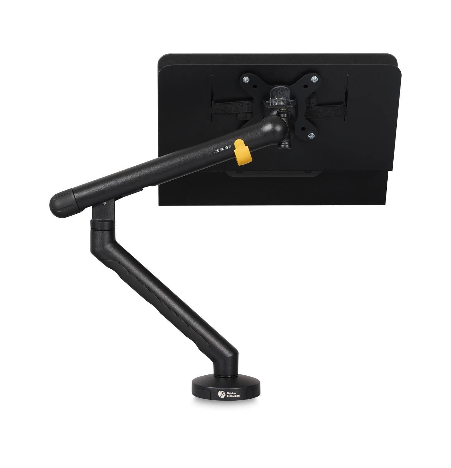 Schwarzer verstellbarer Monitor-Arm, der an einem Bildschirm montiert ist und eine Gasfedern-Halterungsklammer und eine Schreibtischklemmen-Basis zeigt.