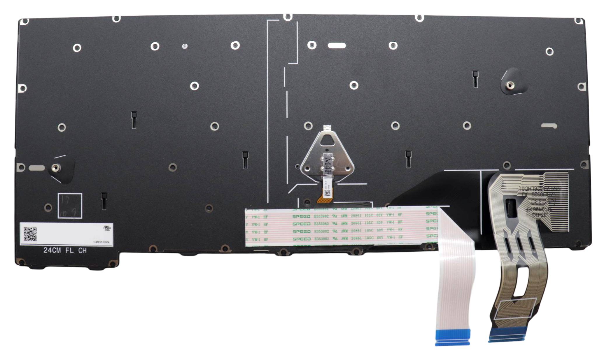 Rückansicht einer Laptop-Bildschirmeinheit mit freiliegendem schwarzem Panel, Anschlüssen und darunter hängenden Flachbandkabeln.