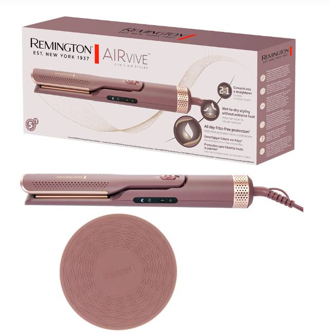 Remington Airvive Glätteisen mit seiner Verpackung, roségoldenem Haarglätter und passendem rundem Aufbewahrungskoffer.